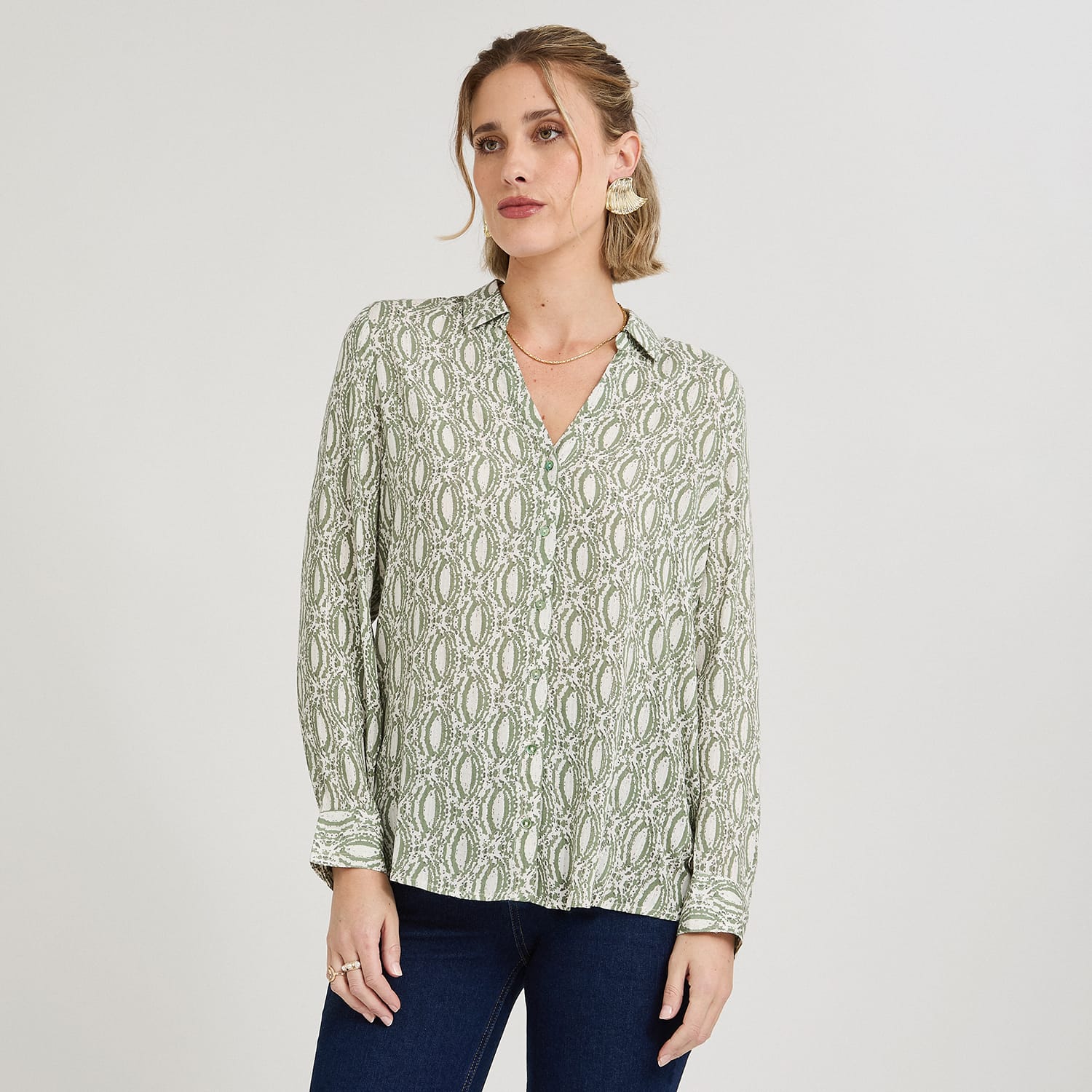 Blusa Manga Larga Print con Lurex Verde